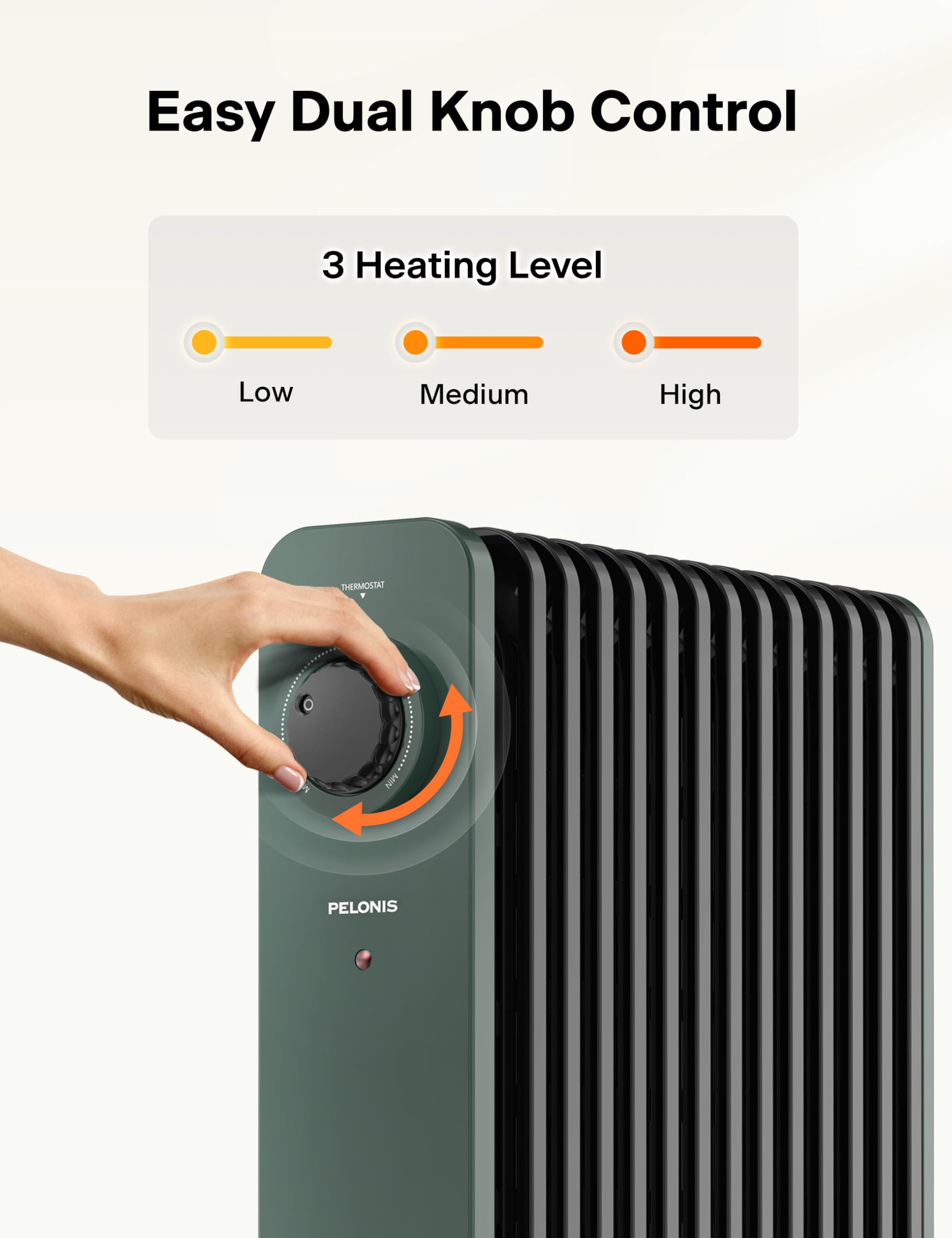 PELONIS Electric Radiator with Adjustable Thermostat and 3 Heat Settings, Oil Filled Heater with Overheat Protection (2500W, Knob Control)