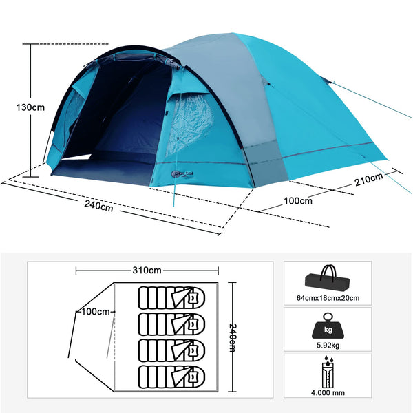 Portal 3-4 Man Tent with Porch, Camping Tent for 3 to 4 Persons with Sewn-in Groundsheet, 4000mm Waterproof Family Tent with Bedroom, Lightweight Dome Tent for Outdoor Garden Backpacking Hiking