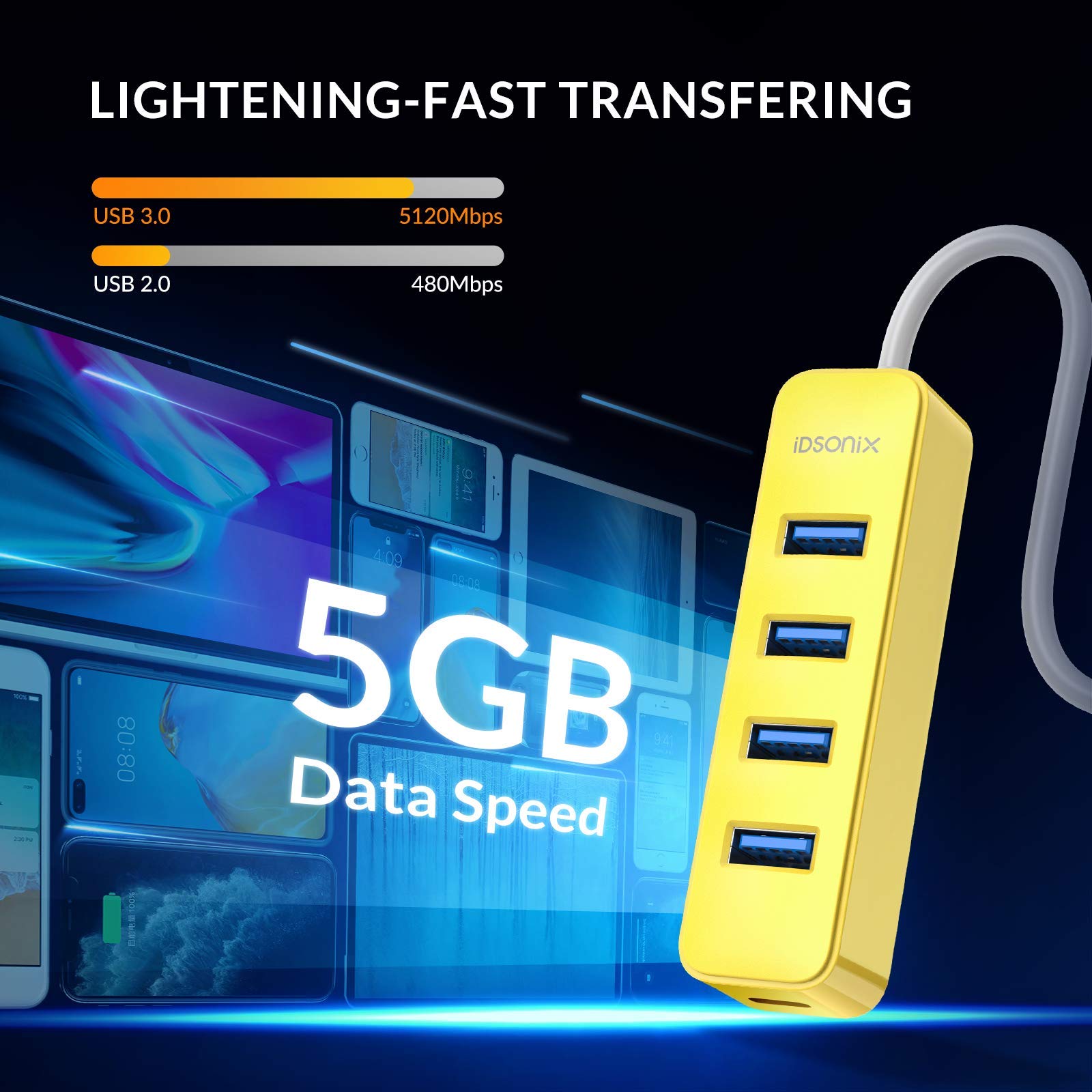 iDsonix USB hub, 4-Port USB 3.0 Hub, 5Gbps HighSpeed Data Transmission USB Hub for Laptop, iMac, Surface Pro, XPS, USB Flash Drives, Mobile HDD, Xbox, Printer, Camera, and More - Yellow