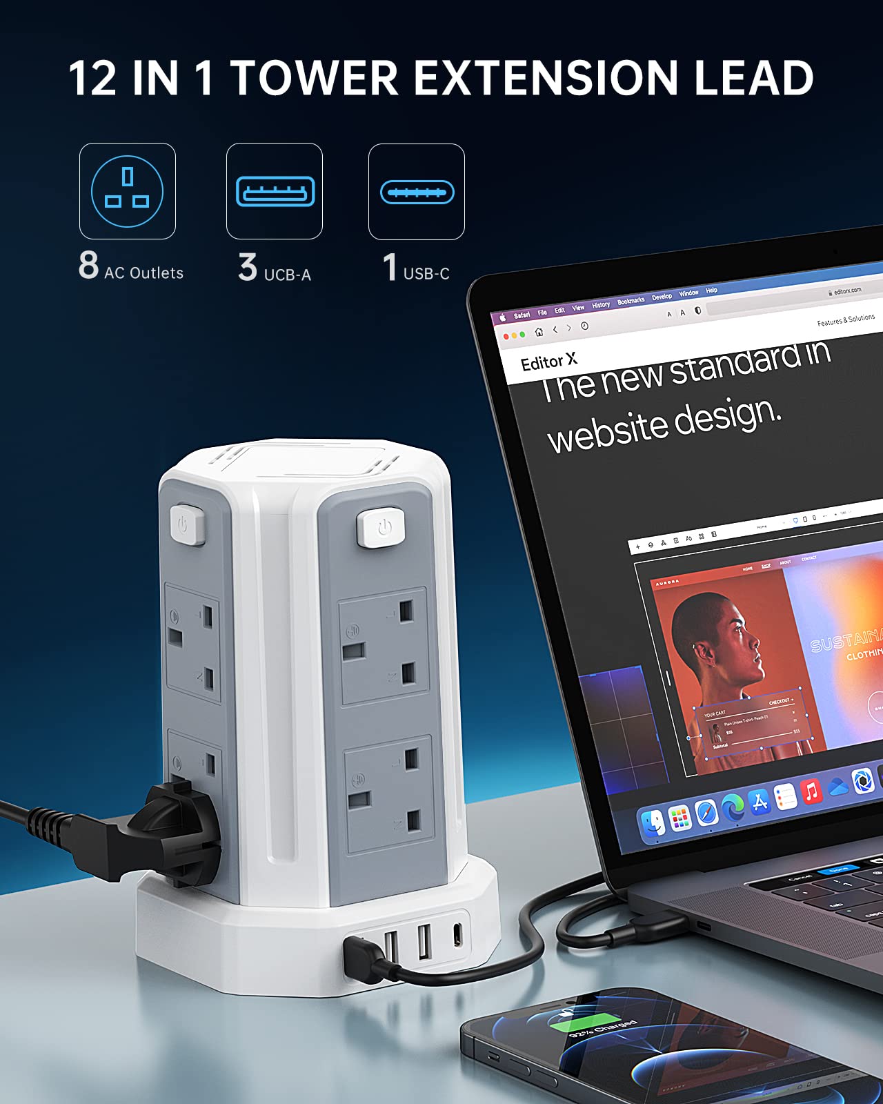 Tower Extension Lead, (3250W 13A) Extension Tower 8 AC Outlets & 4 USB Ports, Surge Protection Extension Lead with 4 Independent Switch, 17W USB C Ports Extension Cable 3M for Office, Home, Kitchen