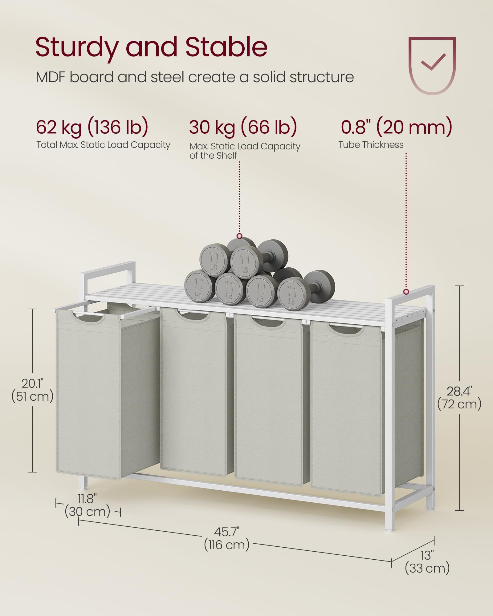 VASAGLE Laundry Basket, Laundry Hamper, Pull-Out and Removable Liner Bag, Shelf, Metal Frame, 65 L, 50 x 33 x 72 cm, Ink Black and Rustic Brown BLH101B01