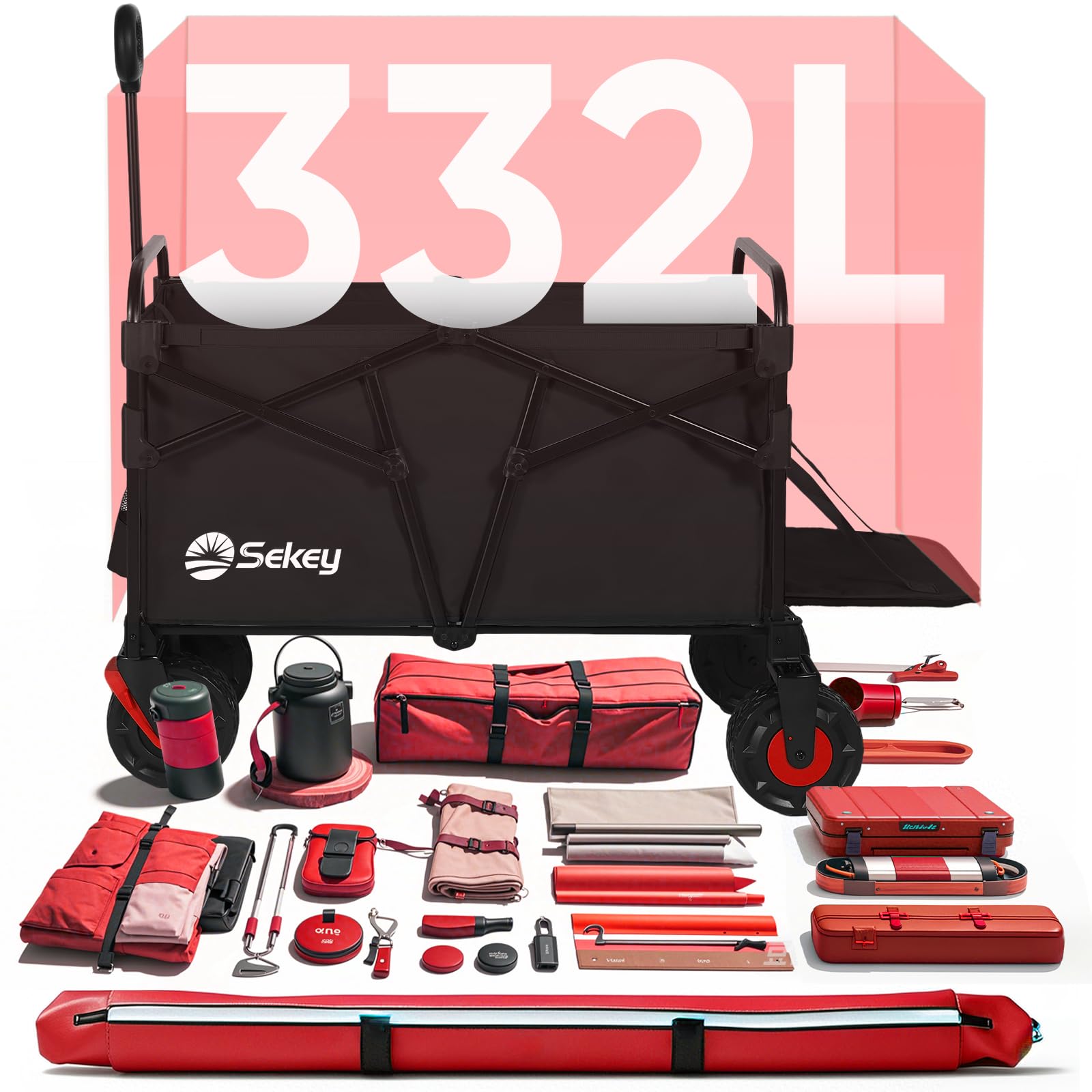 Sekey 332L Folding Festival Trolley with Expandable Tailgate, Patented Design Beach Cart - Diamond Collapsible, Wide All-Terrain Wheels, Brake, 350LB Load Capacity Heavy Duty Wagon for Camping, Black