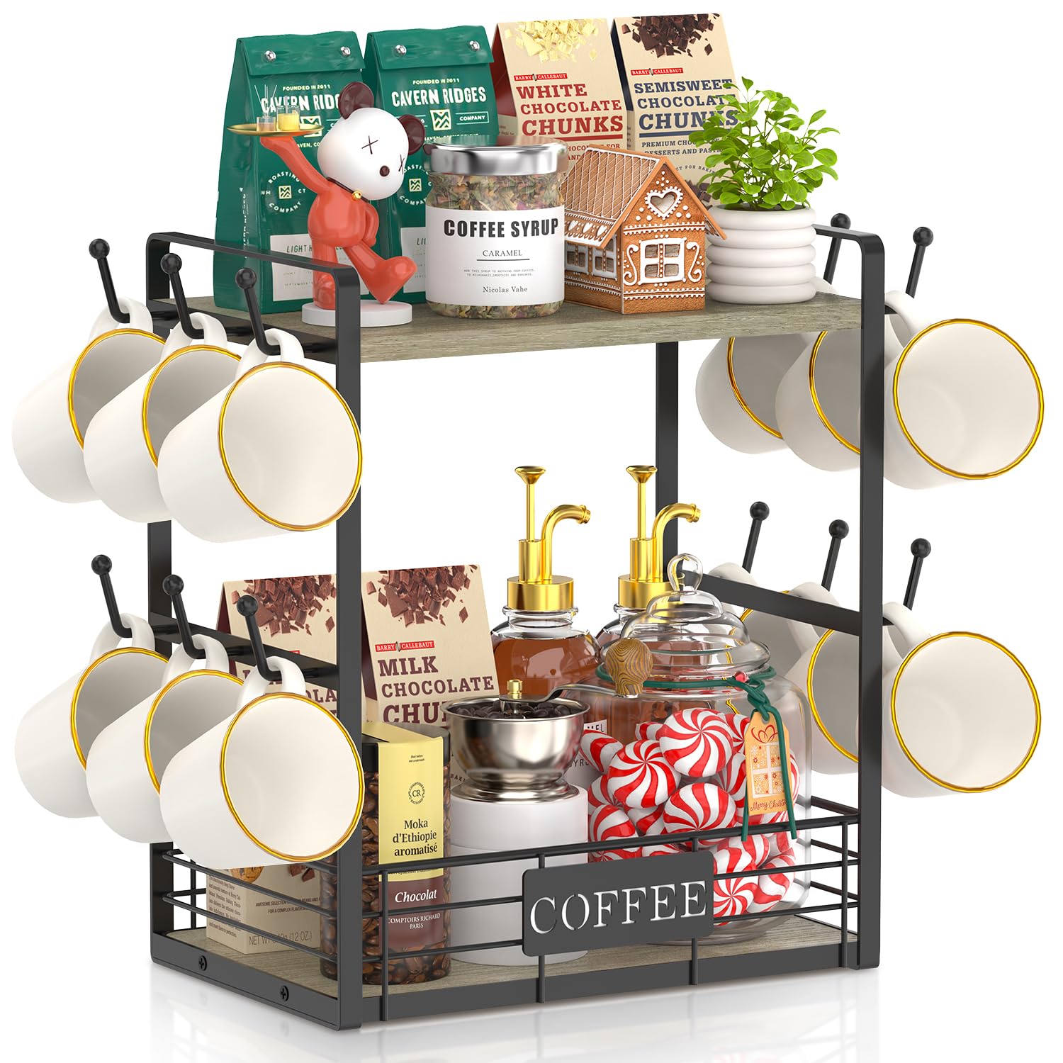 EsLuker.ly 2 Tier Coffee Bar Organizer Countertop Station Rack for Kitchen, Multi-functional Coffee Mug Holder Display Stand, Accessory Storage Shelf
