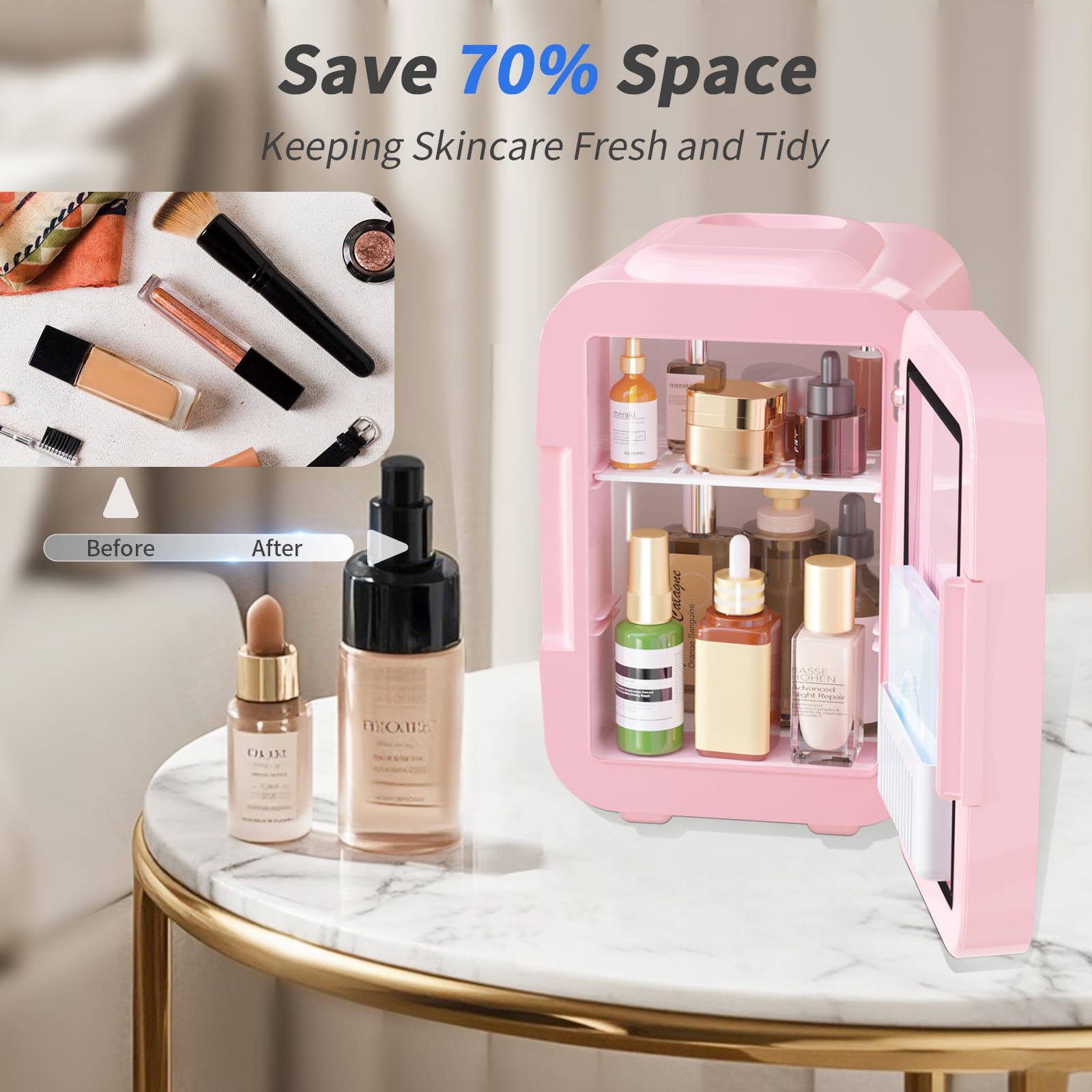 YASHE Mini Fridge for Bedroom, Skincare Fridge with LED Light Mirror, 4L Small Fridge Portable,220V AC/ 12V DC Thermoelectric Warmer & Cooler for Car Office Dorm(Blue)