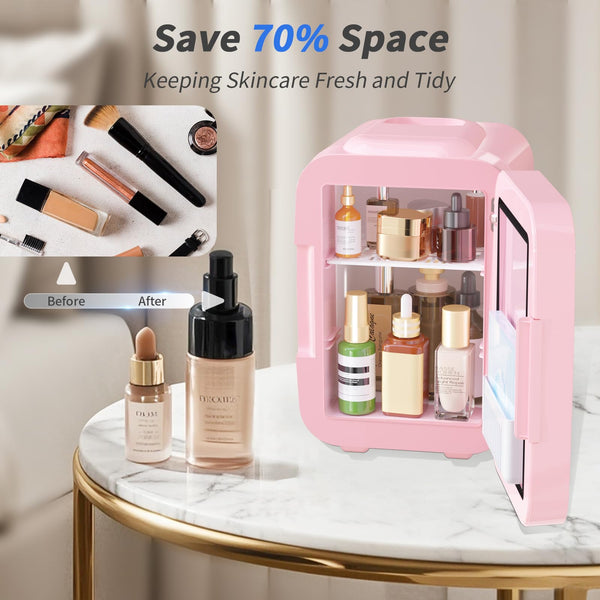 YASHE Mini Fridge for Bedroom, Skincare Fridge with LED Light Mirror, 4L Small Fridge Portable,220V AC/ 12V DC Thermoelectric Warmer & Cooler for Car Office Dorm(Blue)