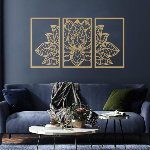 ESTART Large Lotus Flower Metal Wall Art 3-piece Set, Religion Faith Mandala Home Wall Decoration for Living Room, Bedroom, Office and Yoga Room