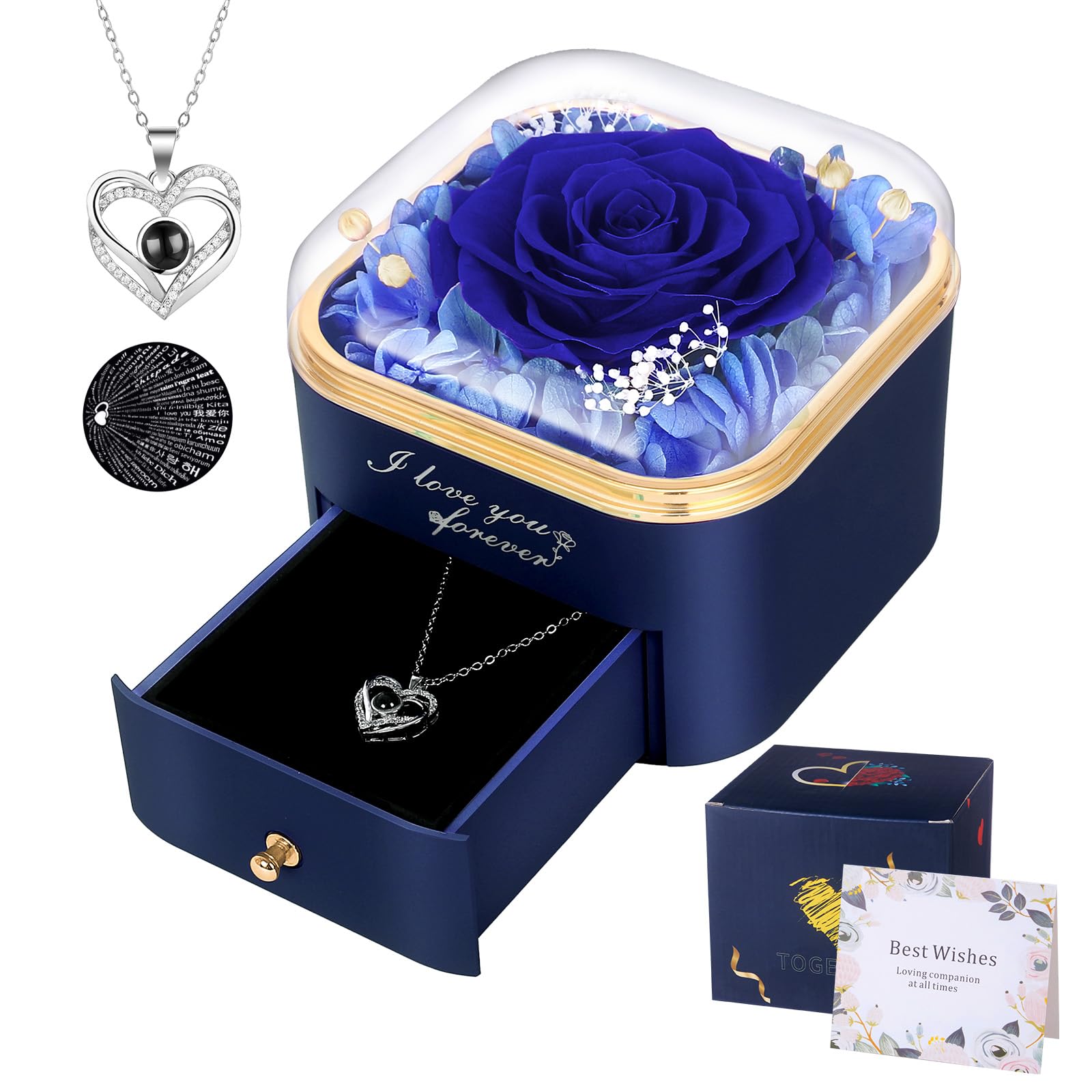 Firestyle Preserved Blue Real Rose with I Love You Necklace in 100 Languages-Eternal Flowers Rose Gifts for Her Women Mum Wife Girlfriend on Christmas