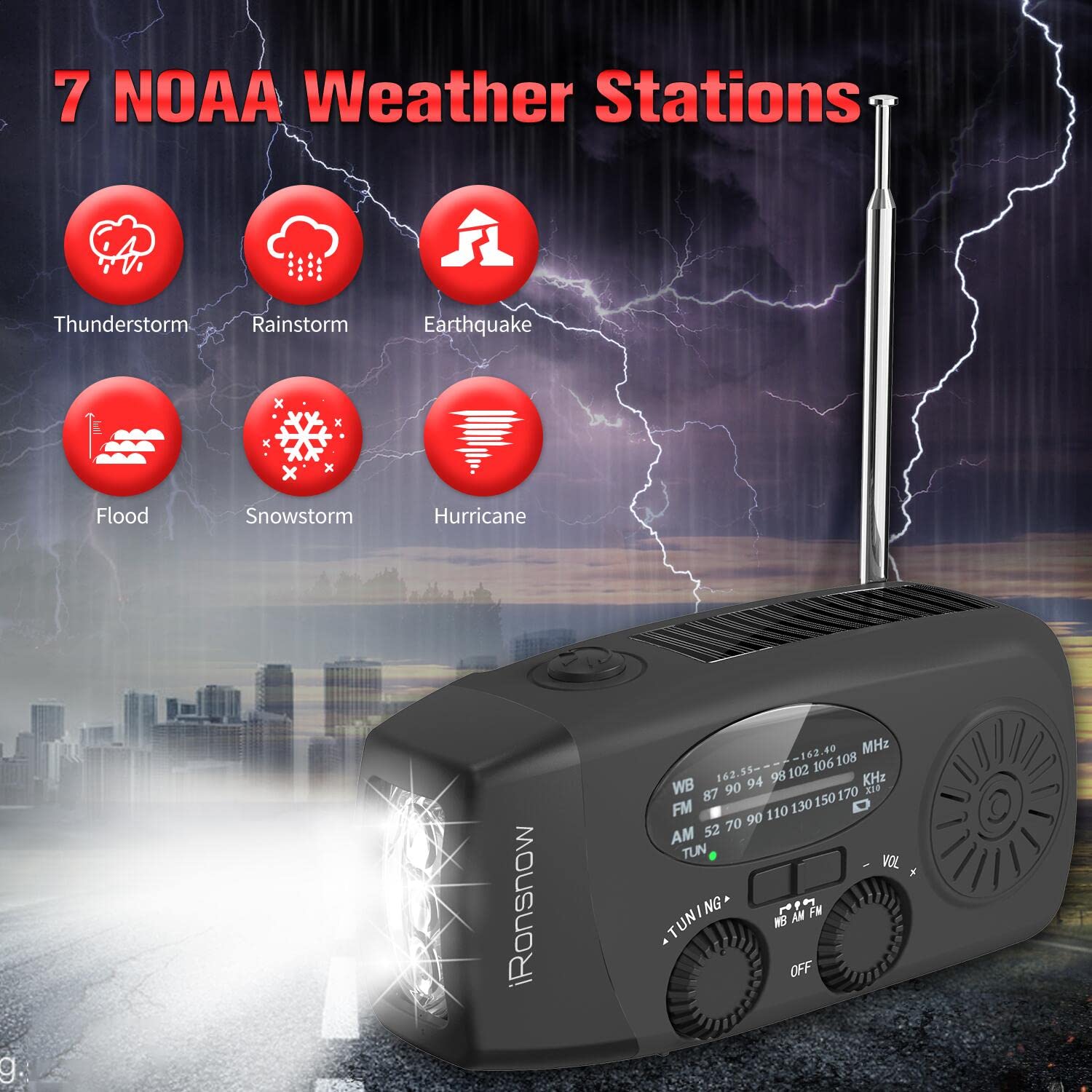 iRonsnow Solar Emergency Hand Crank Weather Radio, Portable Self Powered NOAA AM/FM Radios with SOS Alarm LED Flashlight 2000mAh Smart Phone USB Charger for Camping (Red)