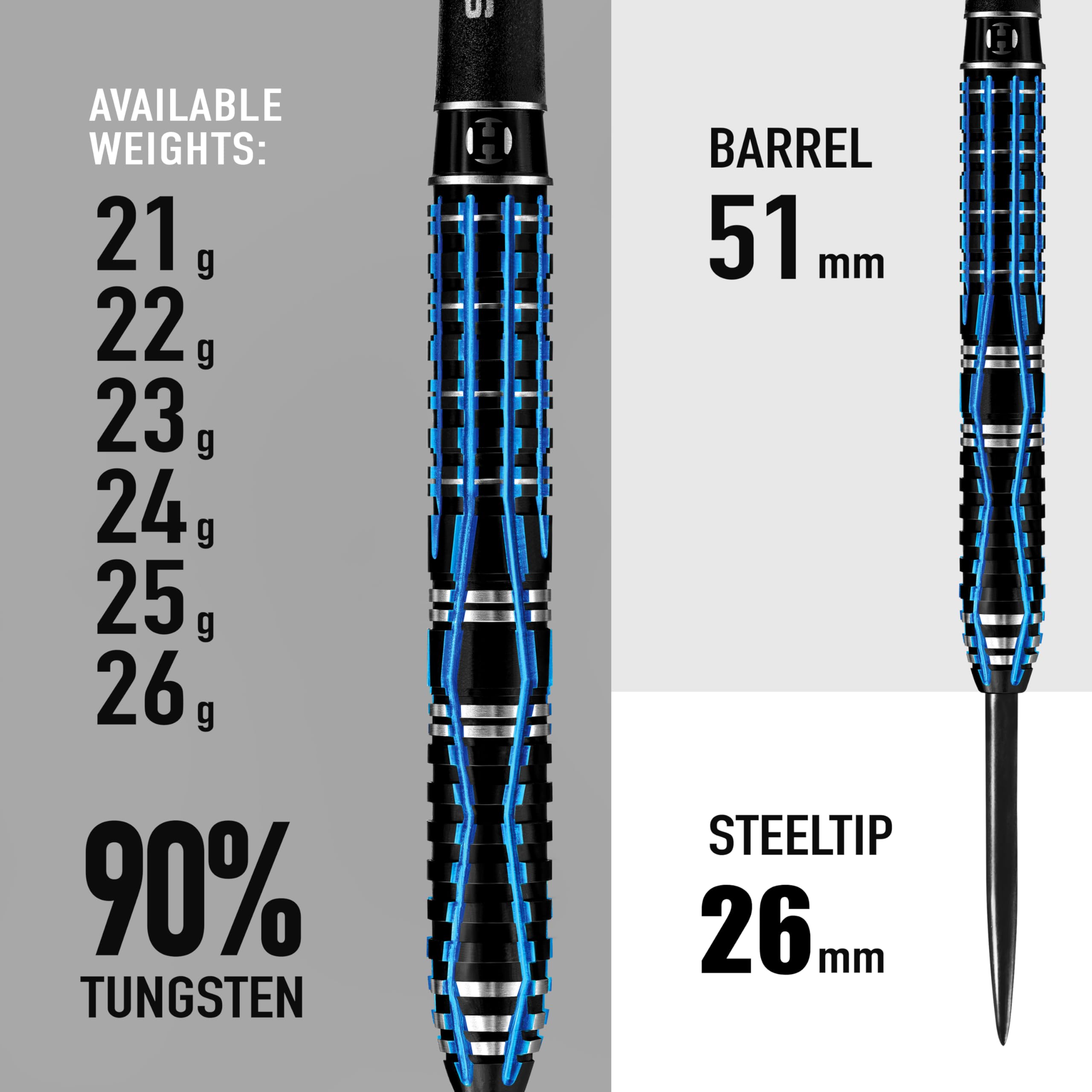 Harrows Ice Recut 90% Tungsten Steel Tip Darts Set 21g, 22g, 23g & 24g - Includes Silver Supergrip Carbon Midi Shafts & New 100 Micron ICE Flights