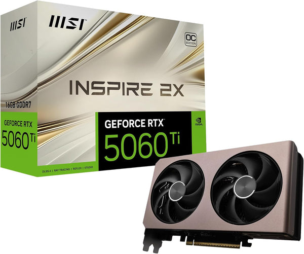 MSI GeForce RTX 5060 Ti 16G INSPIRE 2X OC Graphics Card - RTX 5060 Ti GPU, 16GB GDDR7 (28Gbps/128-bit), PCIe 5.0 - DUAL-Fan Thermal Design (2 x STORMFORCE FAN) - HDMI 2.1b, DisplayPort 2.1b