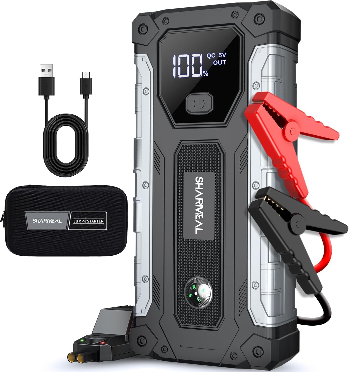 SHARMEAL 6000A Portable Car Battery Booster (all Gas/10L Diesel), Jump Starter Power Pack with 150PSI Air Compressor, 12V Car Jump Starter Power Bank with Jump Leads, LCD Screen, Emergency Light