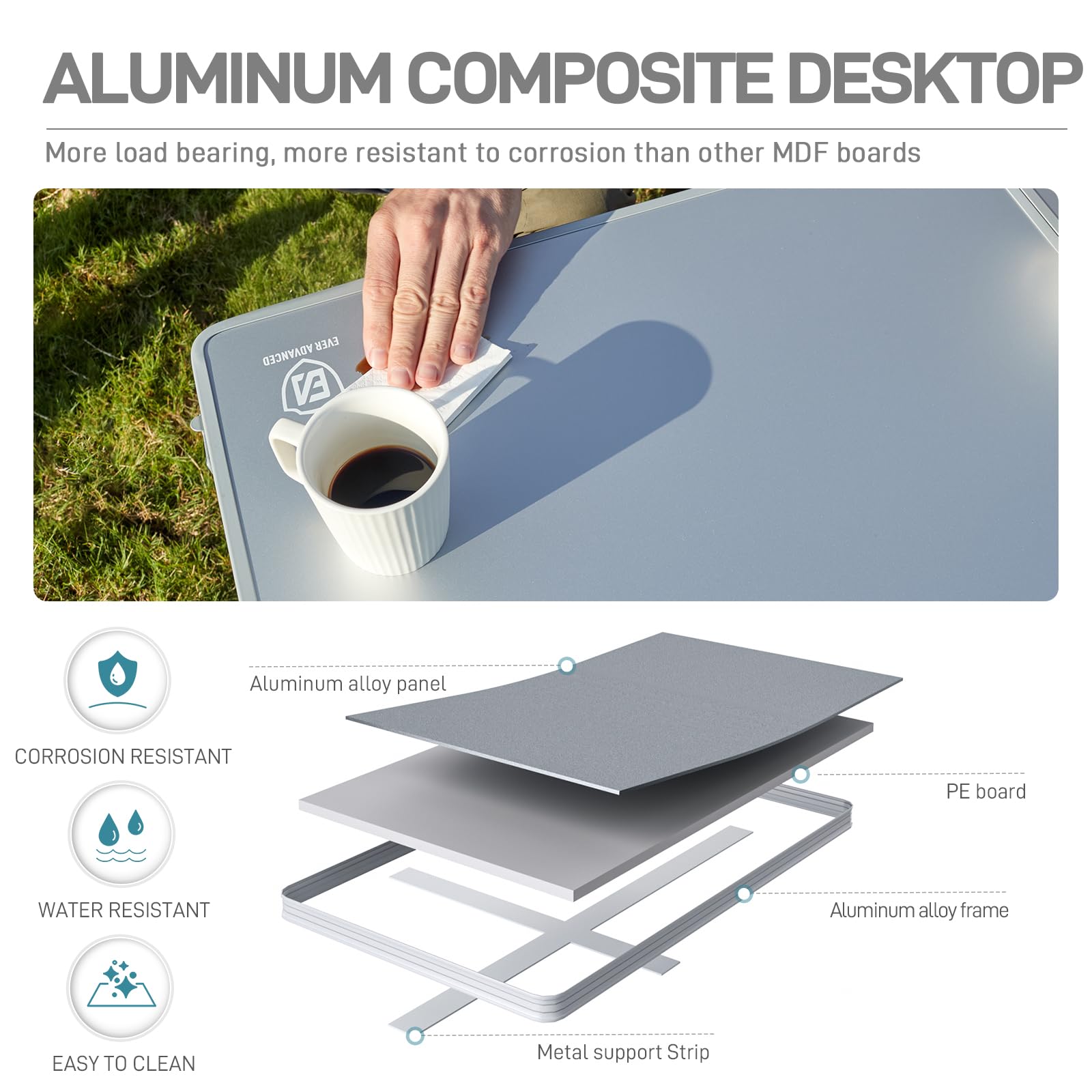 EVER ADVANCED Camping Table that Fold up for 4-6 Person, 4ft Folding Table Picnic Height Adjustable, Foldable Outdoor Heavy Duty, for Dining Garden