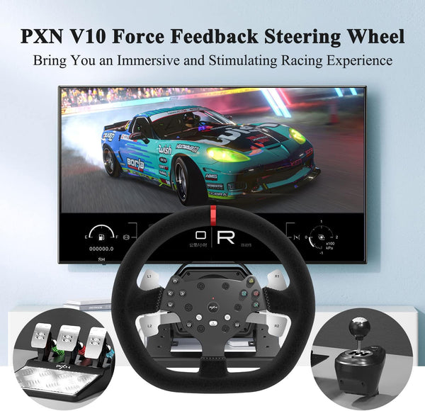 PXN V10 Force Feedback Racing Sim Driving Game Steering Wheel + Pedals + Gear Shifter 270 / 900° Racing Wheel - Suede Leather Gaming Wheel Steering Wheel for PC PS4 Xbox One Xbox Series X / S PXN-V10