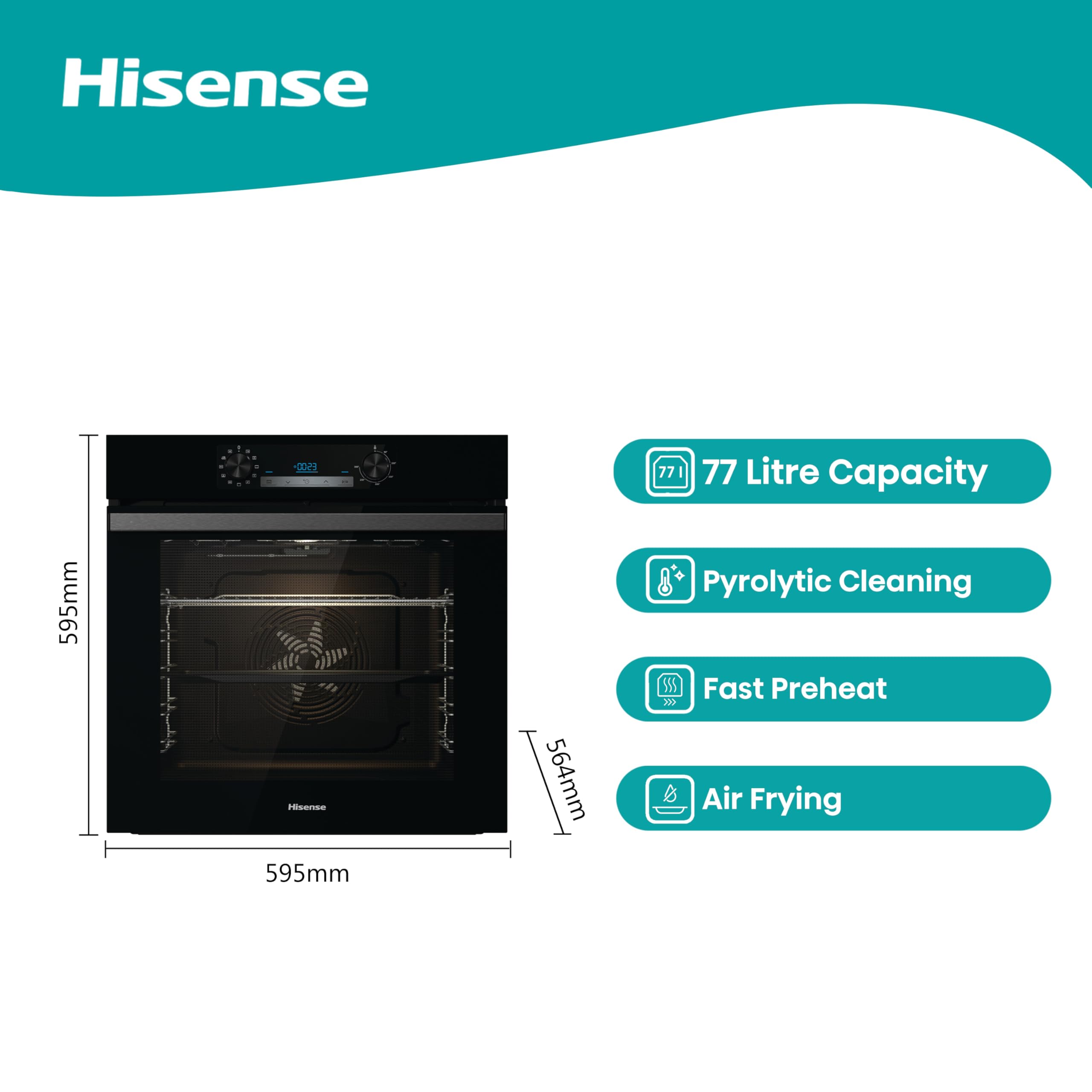 Hisense BI64211PB 77 Litre Built In Electric Single Oven With Pyrolytic Cleaning, Pizza Mode, Multiphase Cooking- Black 22x23x23 inches (LxWxH) - A+ Rated, Extra Large