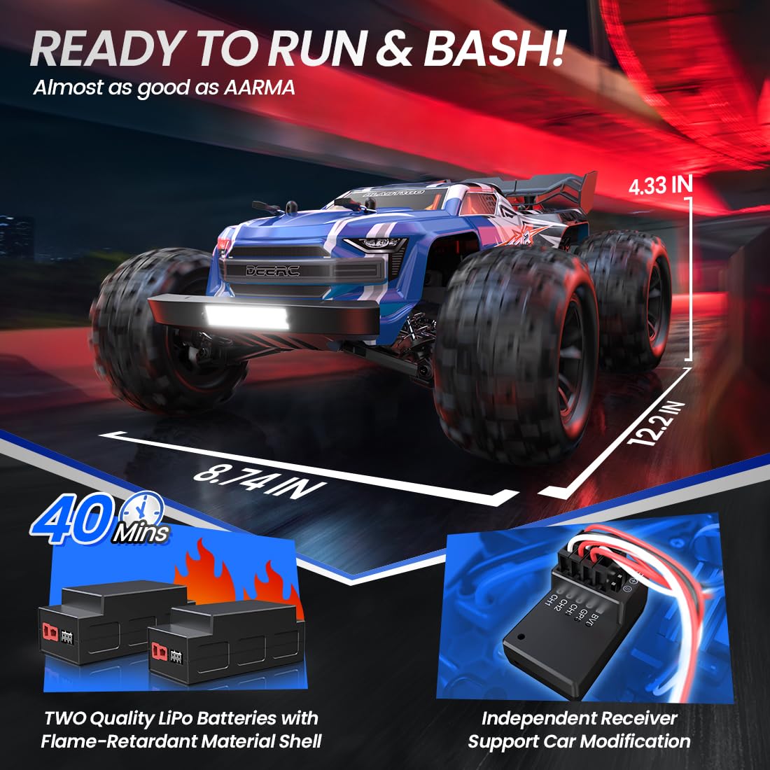 DEERC Remote Control Car 1:10 Scale RC Cars 48+ KM/H High Speed 40+Min Play, 4WD All Terrains Off Road Radio RC for Adults and Kids Hobby RC Truck Vehicle, 2 Battery Crawler Toy Gift for Boys