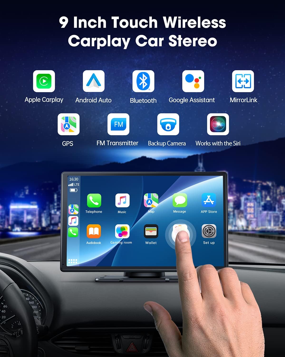 LAMTTO 9 Inch Wireless Car Stereo with Apple Carplay and Android Auto,Backup Camera,Portable Touch Screen Car Play GPS Navigation for Car,Car Audio Receivers with Mirror Link,Bluetooth,FM, Siri