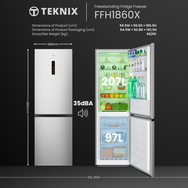 Teknix FFH1825WB 55cm Freestanding 50/50 Fridge Freezer - 256 Litre Capacity - Total No Frost - Non-plumbed Water Dispenser - Black, H182.5 x W55 x D56.2 (cm)