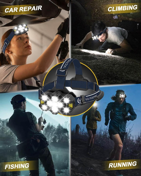 Victoper Head Torch Rechargeable v10000 Upgraded 22000 Lumen Torches LED Super Bright Headlight 10 LEDs Modes Hands-Free Flashlight for Camping Fishing Cycling Hiking Waterproof, Black