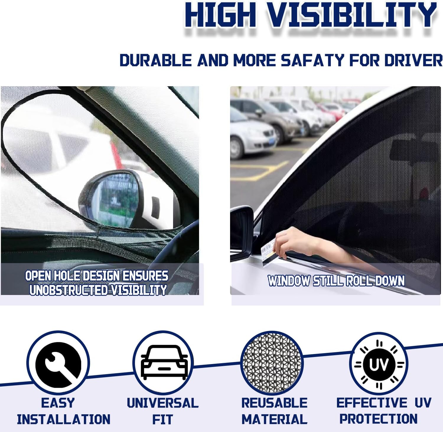 Car Front Window Shades, OUTTDID 2 Pack Side Window Sun Shades, Car Heat and UV Protection Stretchy Mosquito Net Cover Fit Cars SUVs - Up to 80x126cm