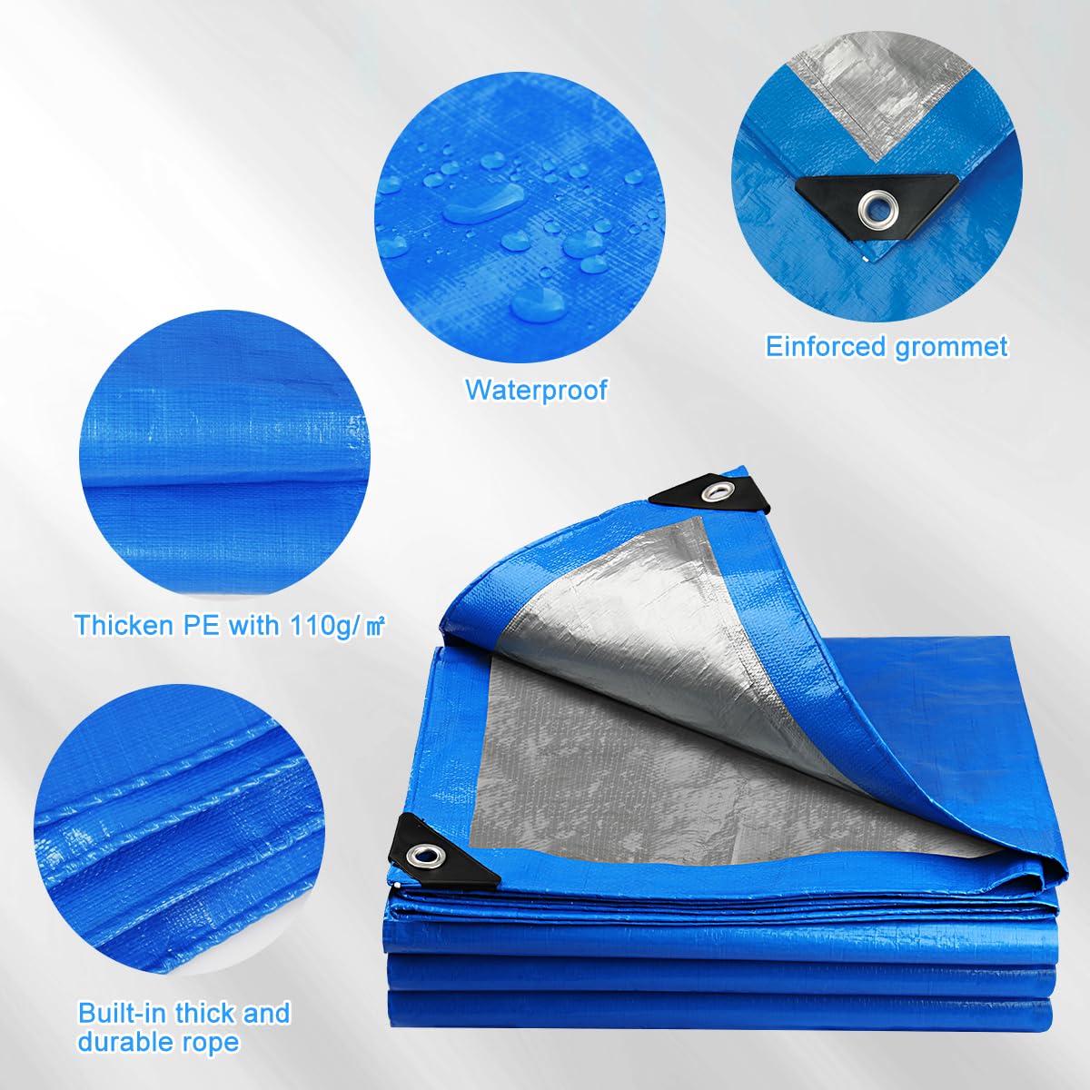 Onarway Tarpaulin 3m x 4m Thicken Tarpaulin Waterproof Heavy Duty 110GSM with Reinforced Grommets, Tarp Sheet Cover for Multipurpose Outdoor Use, Blue