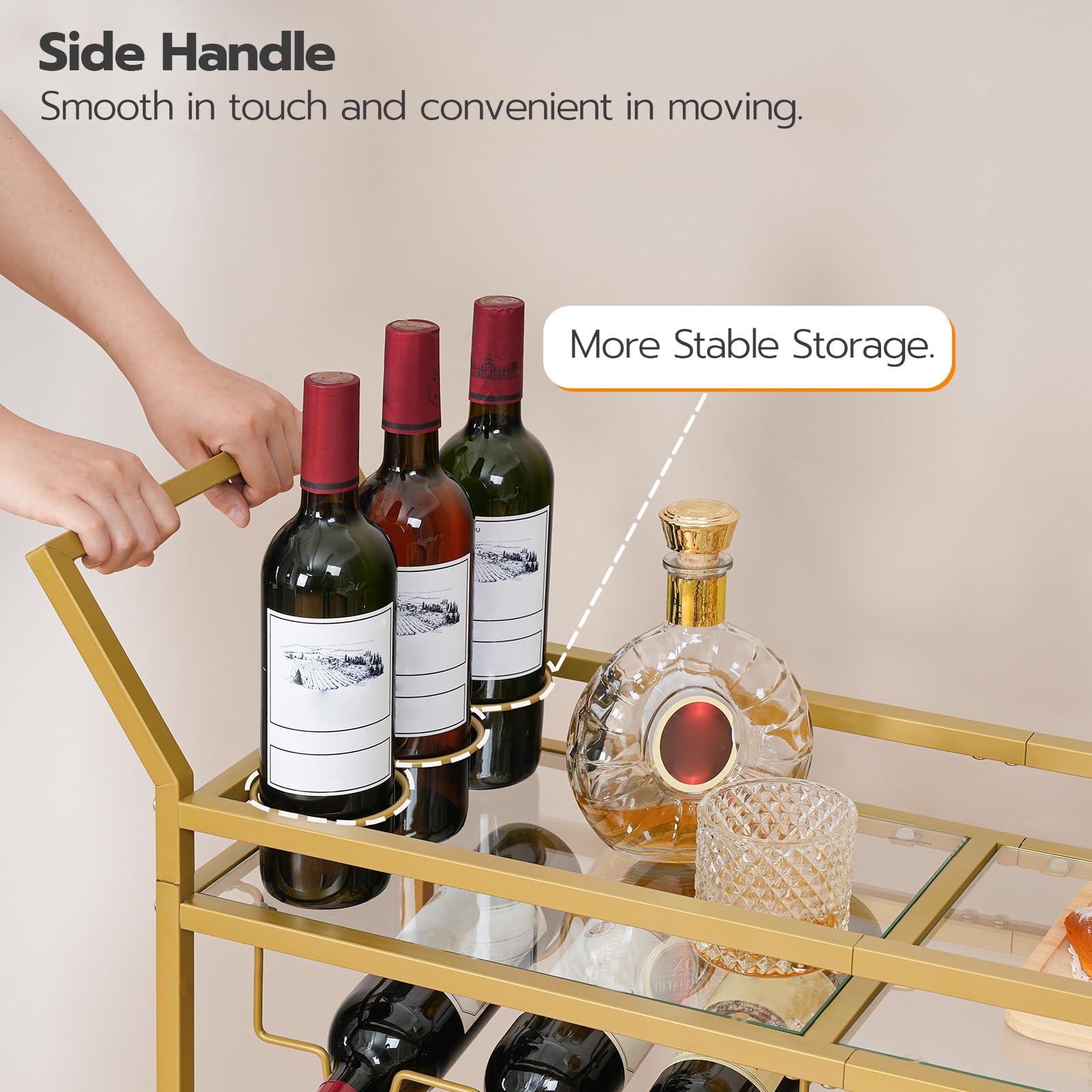 HOOBRO Drinks Trolley Gold, Bar Cart, Bar Trolley, Kitchen Trolley on Wheels, Serving Trolley with Glass Shelf, Wine Rack and Glass Holder, Home Bar