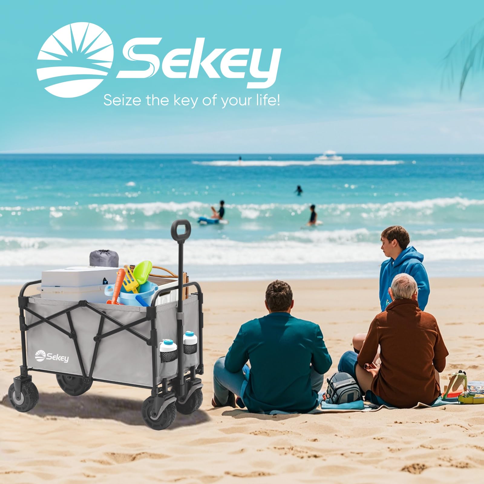 Sekey 332L Folding Festival Trolley with Expandable Tailgate, Patented Design Beach Cart - Diamond Collapsible, Wide All-Terrain Wheels, Brake, 350LB Load Capacity Heavy Duty Wagon for Camping, Black