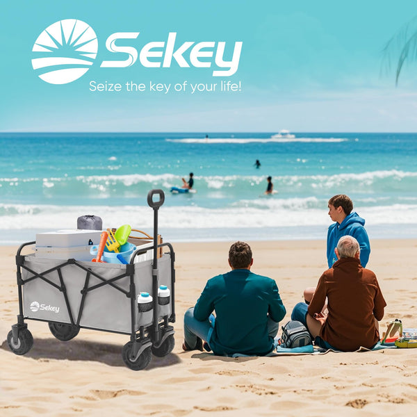 Sekey 332L Folding Festival Trolley with Expandable Tailgate, Patented Design Beach Cart - Diamond Collapsible, Wide All-Terrain Wheels, Brake, 350LB Load Capacity Heavy Duty Wagon for Camping, Black