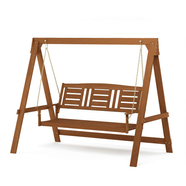 Furinno Tioman Hardwood Hanging Porch Swing with Stand in Teak Oil, Natural