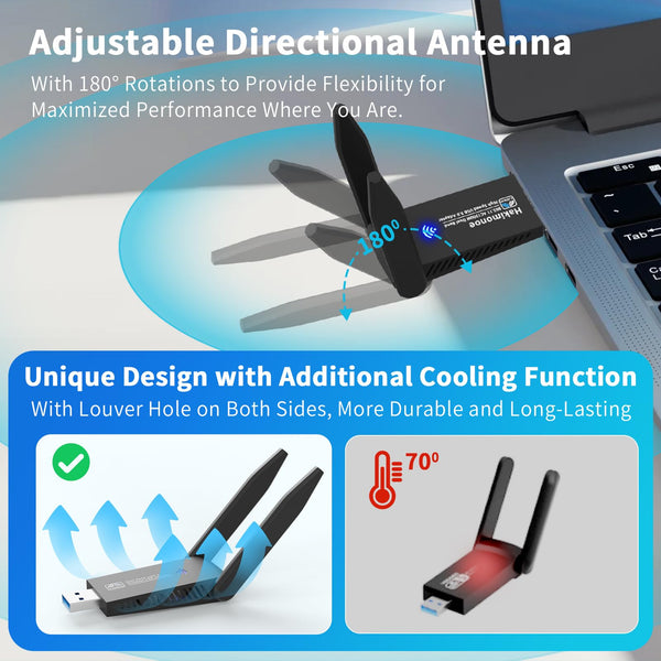 AC1300 USB 3.0 WiFi Adapter for PC, Super-Fast Wireless Network Card Dongle High Gain 5dBi Antenna Dual Band 2.4G/5GHz w/USB Driver for Win 11 10 8.1 8 7 Laptop Desktop, Plug n Play
