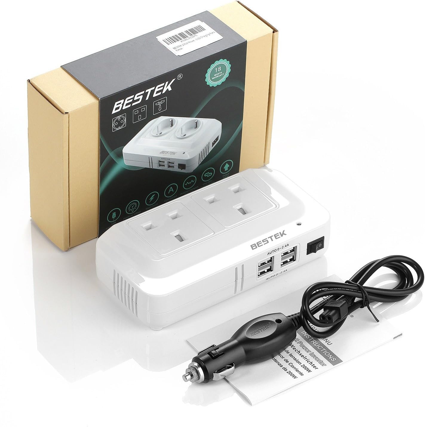 BESTEK 200W Power Inverter DC 12V to AC 230V 240V Dual Socket Car Voltage Converter Transformer with 4 USB Car Charger