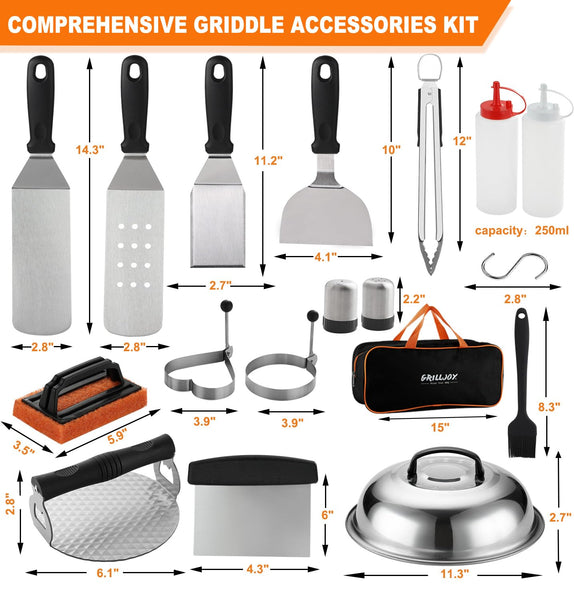 grilljoy Griddle Accessories Kit with Grill Spatula Set and Smash Burger Press, Smash Burger Kit, 28 Stainless Steel Barbecue Accessories for Flat Top