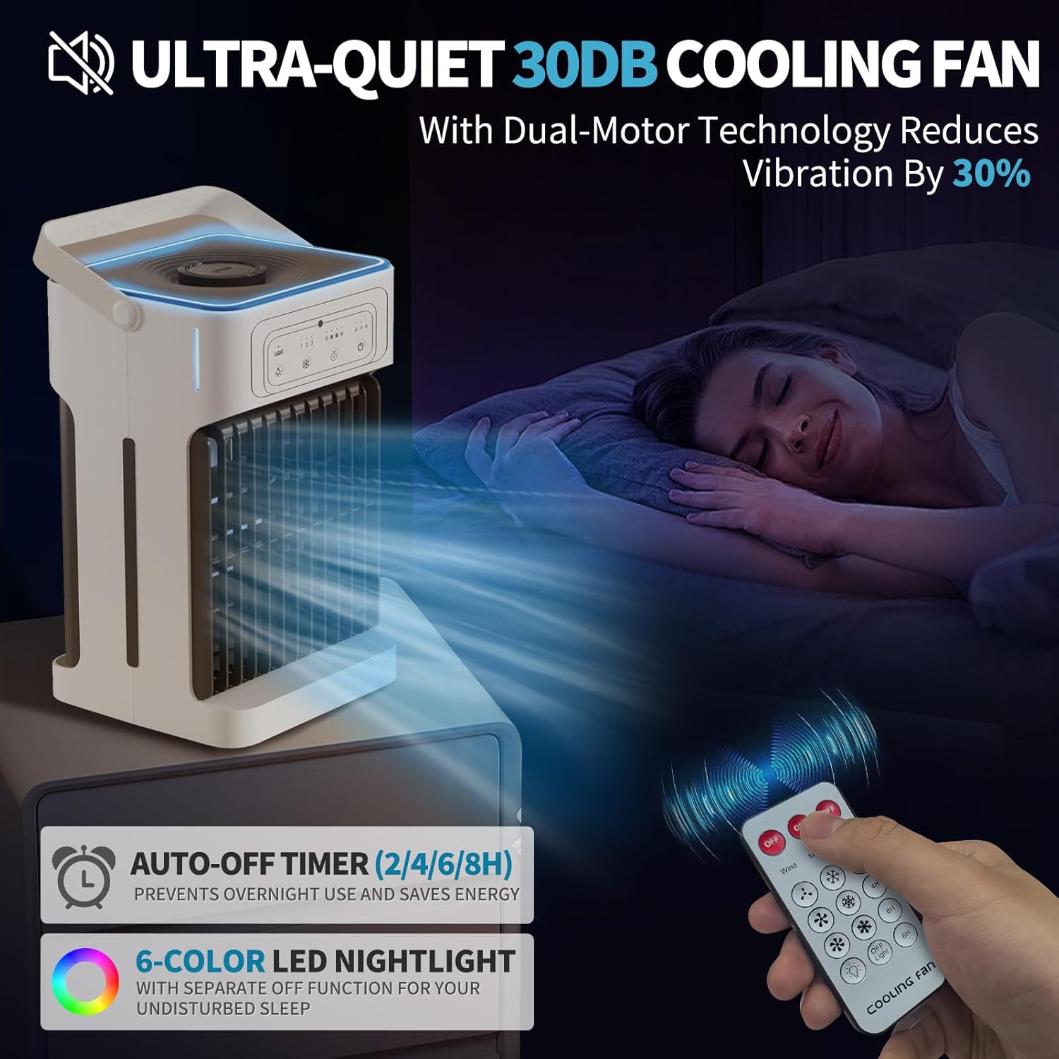 Portable Air Conditioner with Remote Control,Dual Motor & Dual Fan,1100ML Mini Air Conditioning Unit 2-8H Timer 6 Led Lights 3 Speeds 3 Mist Mode,USB Air Cooler Fan for Home Bedroom