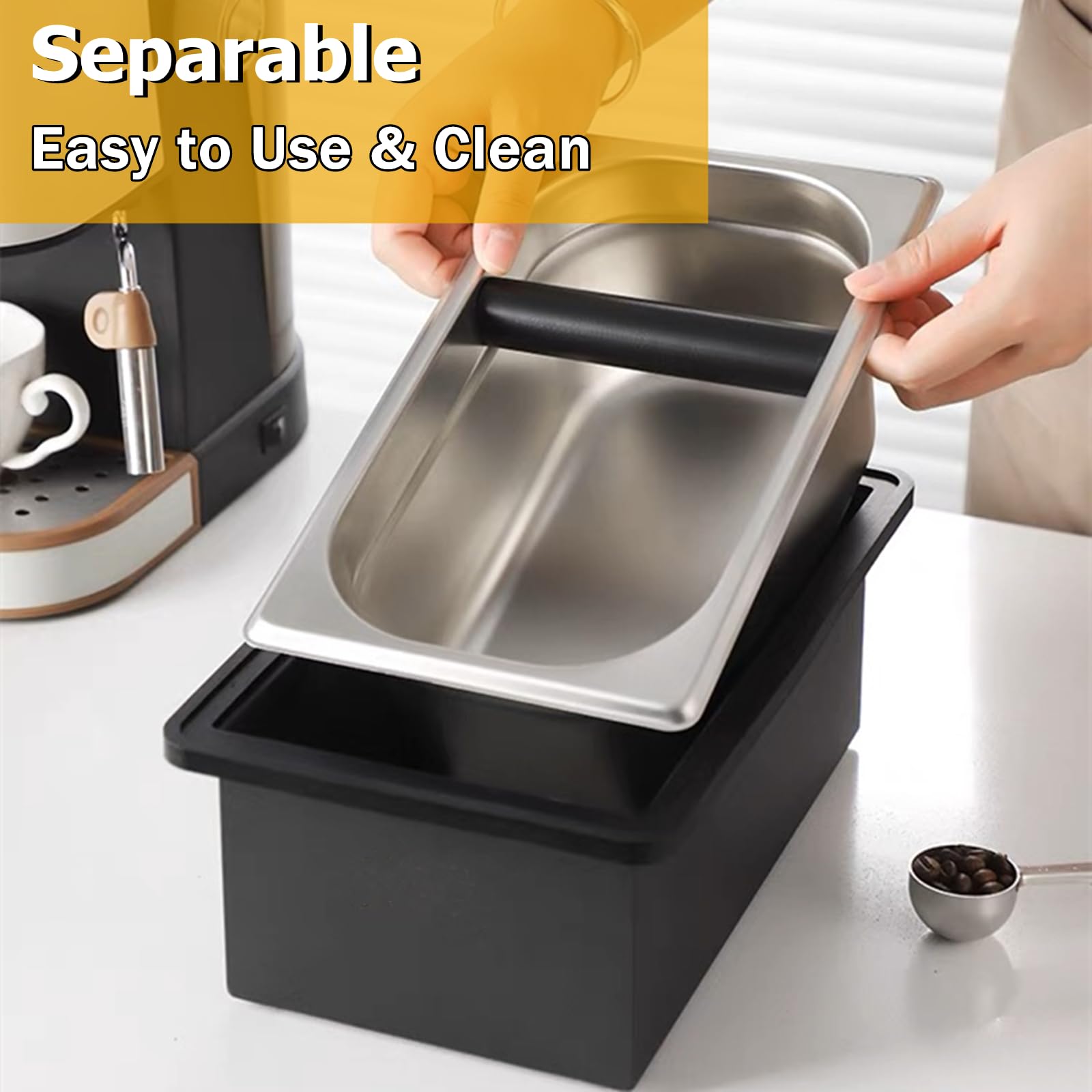 Gocoffun Espresso Coffee Knock Box, Large Size Stainless Steel Coffee Pucks Container, with Noise Reduction Rubber Ring,Silicone Bar for Knocking