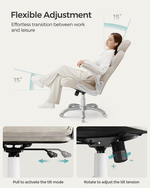 SONGMICS Office Chair, Ergonomic Gaming Chair, Adjustable Headrest, Tilt Function, Foldable Armrests, Swivel Castors, Adjustable Height, E-sports Chair, Ink Black OBG65BKUK