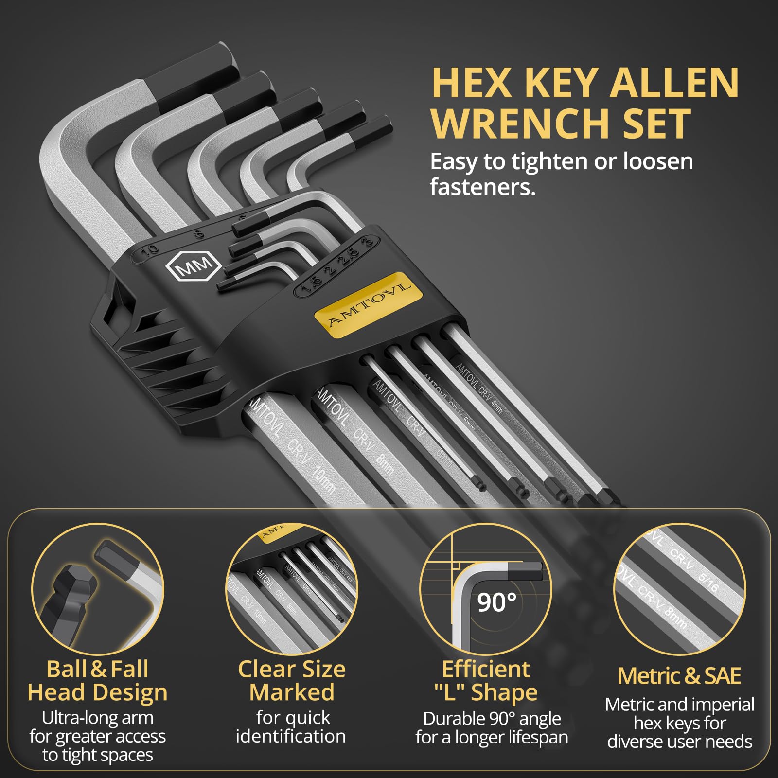 AMTOVL Hex Key Set, Allen Wrench Set, 18PCS Metric and SAE Allen Key Set Extra Long with Ball End T-Handle CRV & S2 Steel 1.5mm-10mm, 1/16-3/8