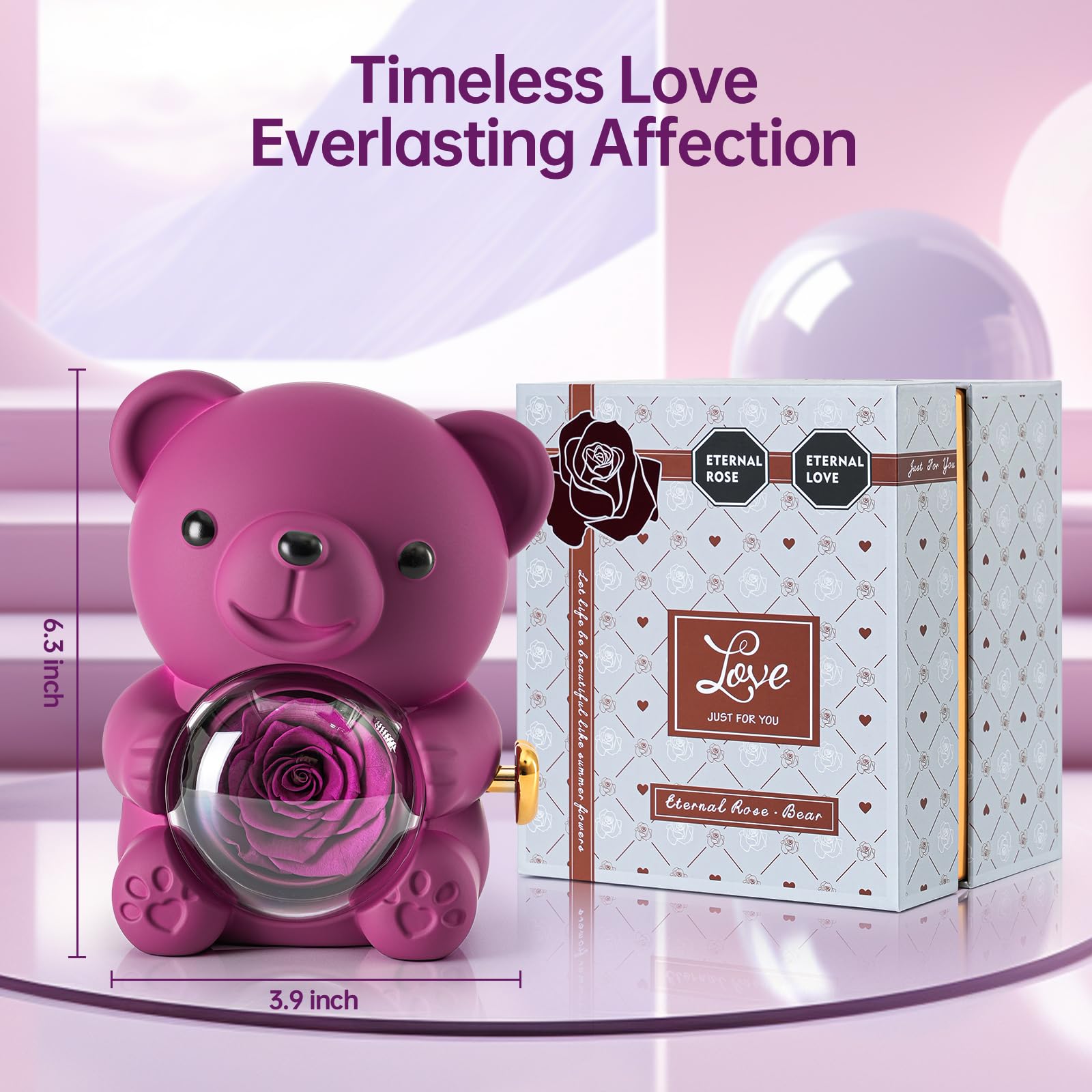 Ariceleo Purple Teddy Bear with Preserved Rose, Real Rose Flower in Bear, Elegant Gift Box, Heart-Shaped Necklace, Unique Gift for Valentine's Day,