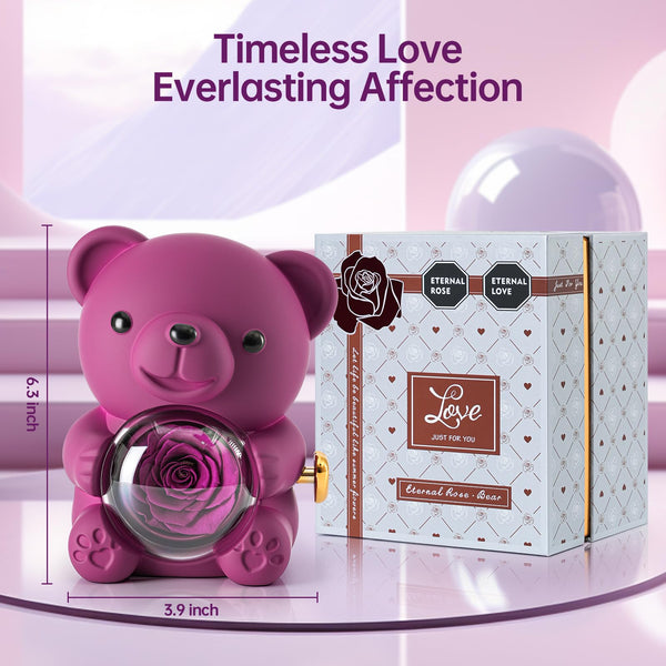 Ariceleo Purple Teddy Bear with Preserved Rose, Real Rose Flower in Bear, Elegant Gift Box, Heart-Shaped Necklace, Unique Gift for Valentine's Day,