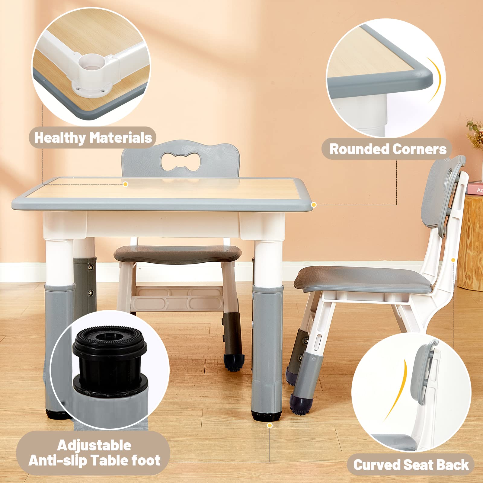 FUNLIO Kids Table and 2 Chairs Set, Height Adjustable Toddler Table and Chair Set for Ages 3-8, Easy to Wipe Arts & Crafts Table, for