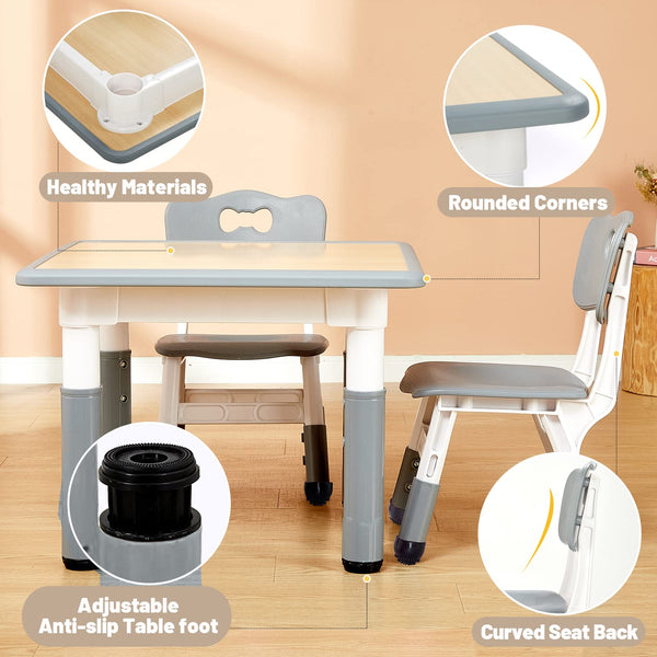 FUNLIO Kids Table and 2 Chairs Set, Height Adjustable Toddler Table and Chair Set for Ages 3-8, Easy to Wipe Arts & Crafts Table, for