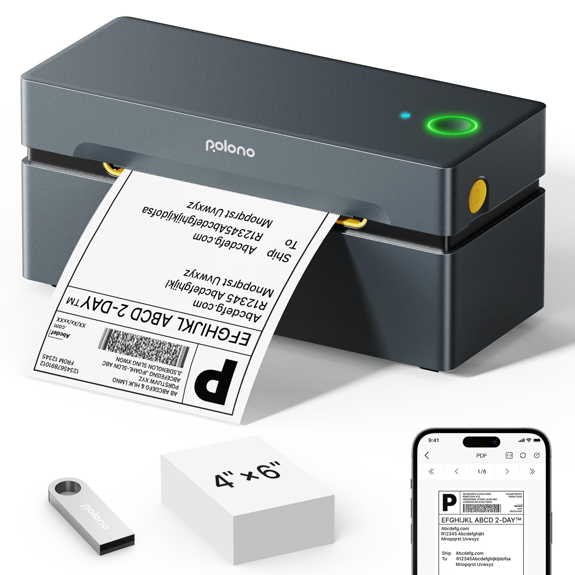 POLONO Bluetooth Thermal Shipping Label Printer, Wireless 4x6 Shipping Label Printer for Small Business, Support iOS, Android, Windows and Mac, Compatible with Amazon, Ebay, Shopify, Etsy, USPS (Grey)
