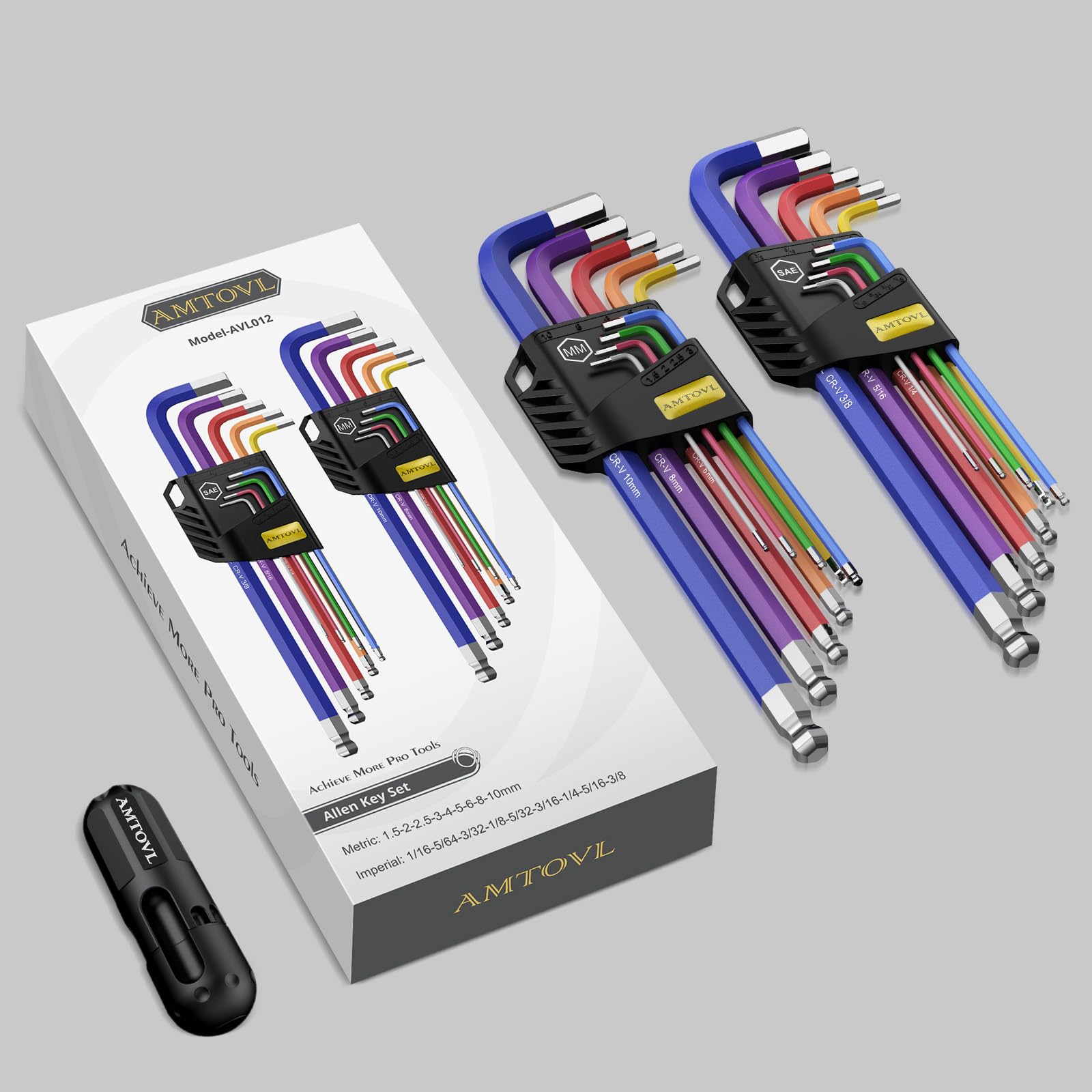 AMTOVL Hex Key Set, Allen Wrench Set, 18PCS Metric and SAE Allen Key Set Extra Long with Ball End T-Handle CRV & S2 Steel 1.5mm-10mm, 1/16-3/8