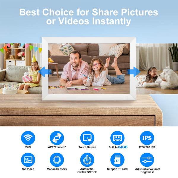 10.1 Inch WiFi Digital Photo Frame Built in 32GB Memory, 1280x800 IPS LCD Touchscreen, Auto-Rotate and Audio, Quick and Easy Share Photos or Videos via the Frameo App, the Best Choice for Gifting