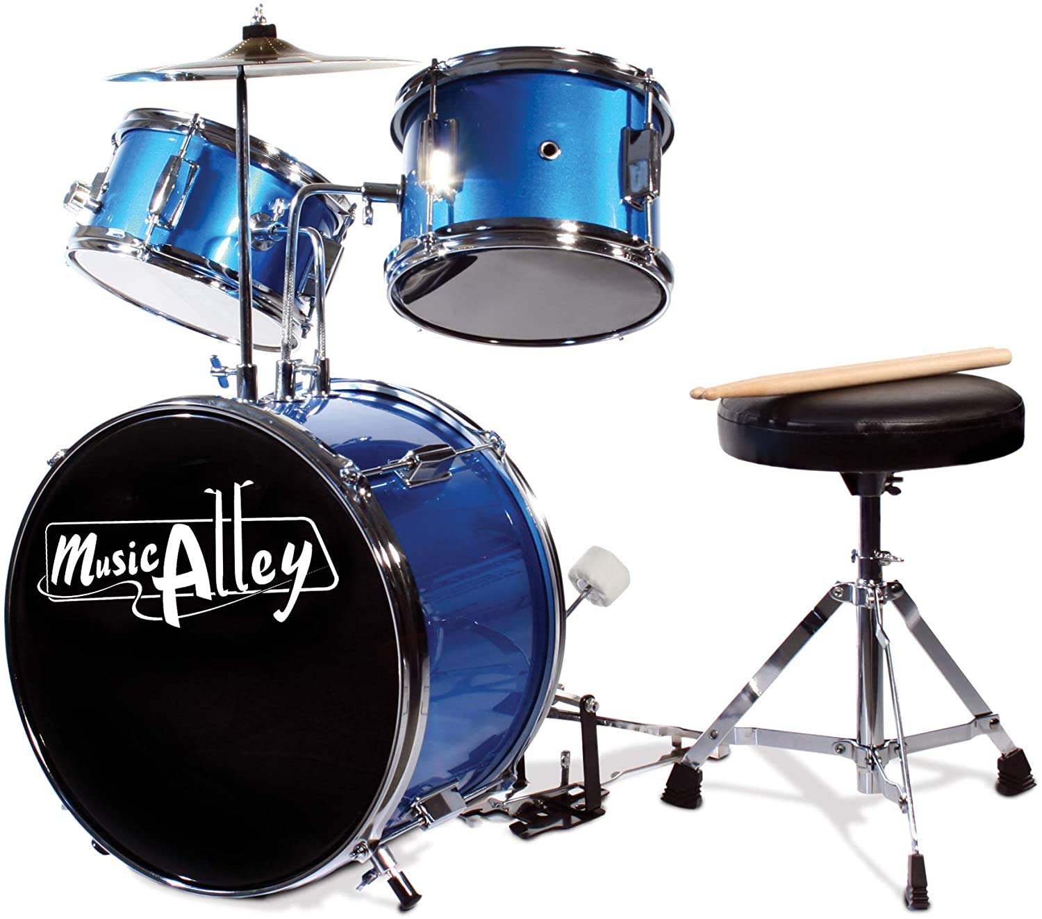 Music Alley DBJK02-BK Three Piece Junior Drum Kit for Kids with Cymbal Pedal Drum Stool and Drum Sticks Metallic Black 3 Piece