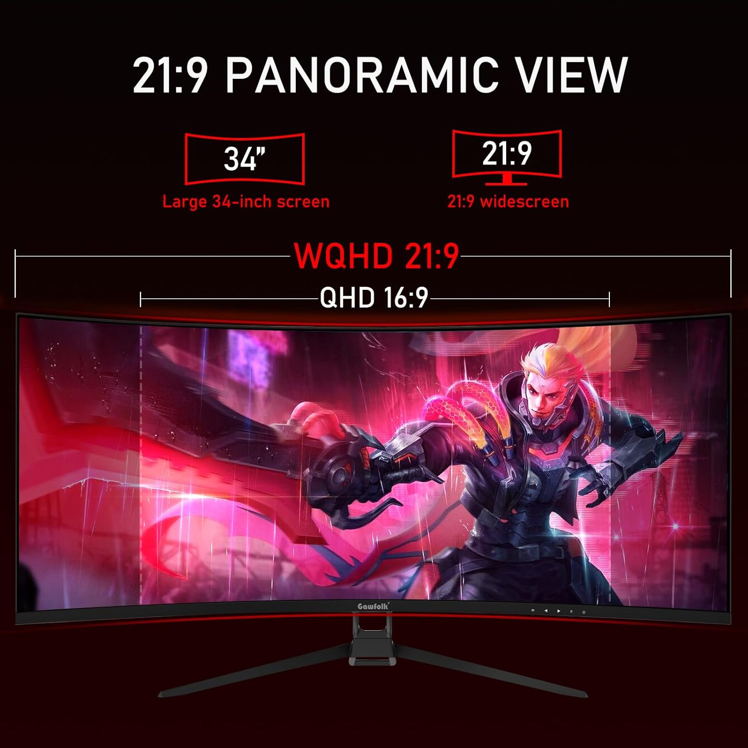 Gawfolk 34 Inch Ultrawide Curved 144Hz Gaming Computer Monitor 1500R PC Screen 21:9 UWQHD (3440x1440),Adaptive Sync,178° Viewing Angle,Display Port、HDMI 2.0, VESA75x75MM-Black