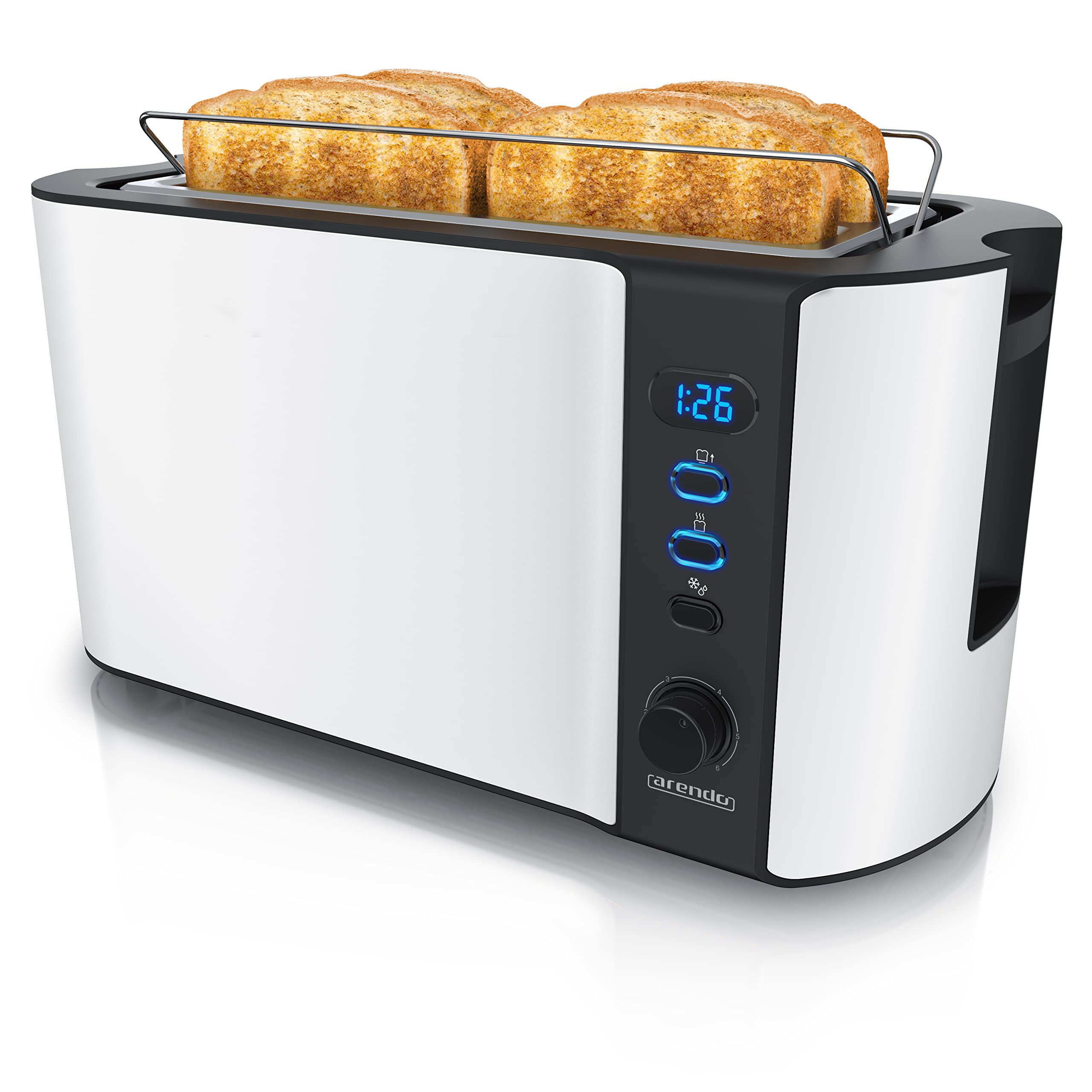 arendo - Frukost 4 slice long slot toaster - double wall housing  with warming rack  6 browning settings  auto bread centring  reheat defrost