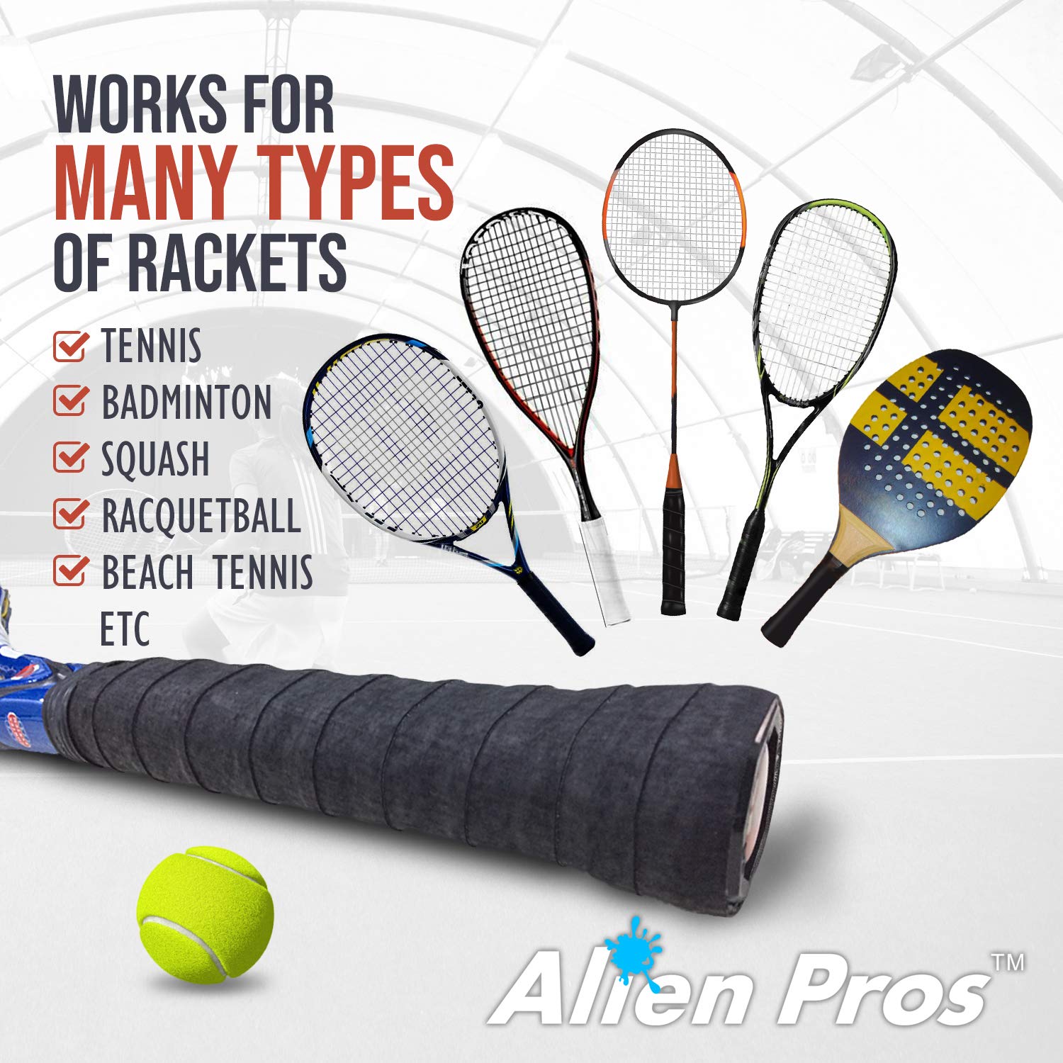 Alien Pros Tennis Racket Grip Tape (60 Grips) ? Precut and Light Tac Feel Tennis Grip ? Tennis Overgrip Grip Tape Tennis Racket ? Wrap Your Racquet