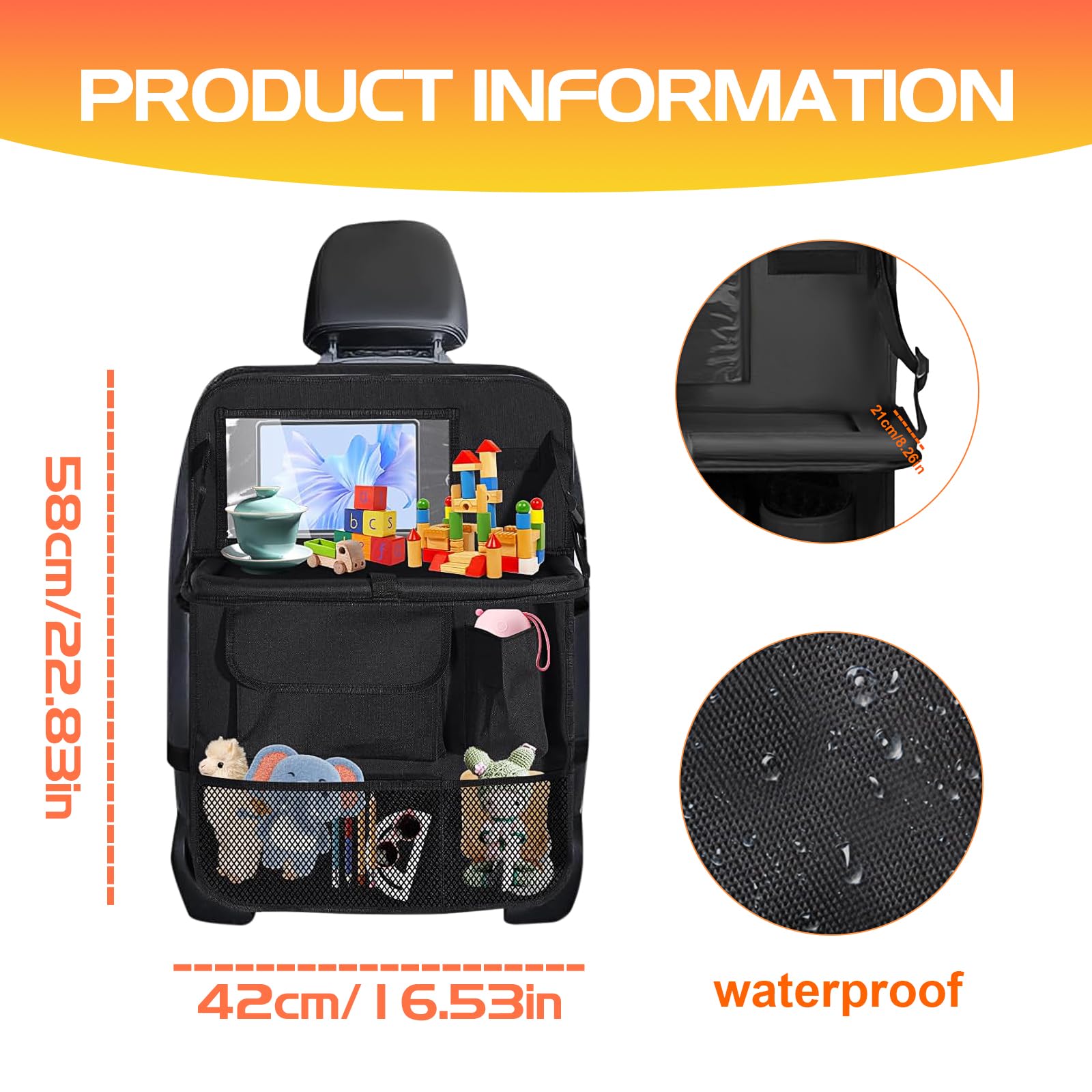 Resszo Car Organiser,Car Seat Organiser for Kids with Tablet Holder, Multifunctional WaterProof Back Seat Protector with 10.5 iPad Foldable Tray Table, 6 Pockets Toy Storage