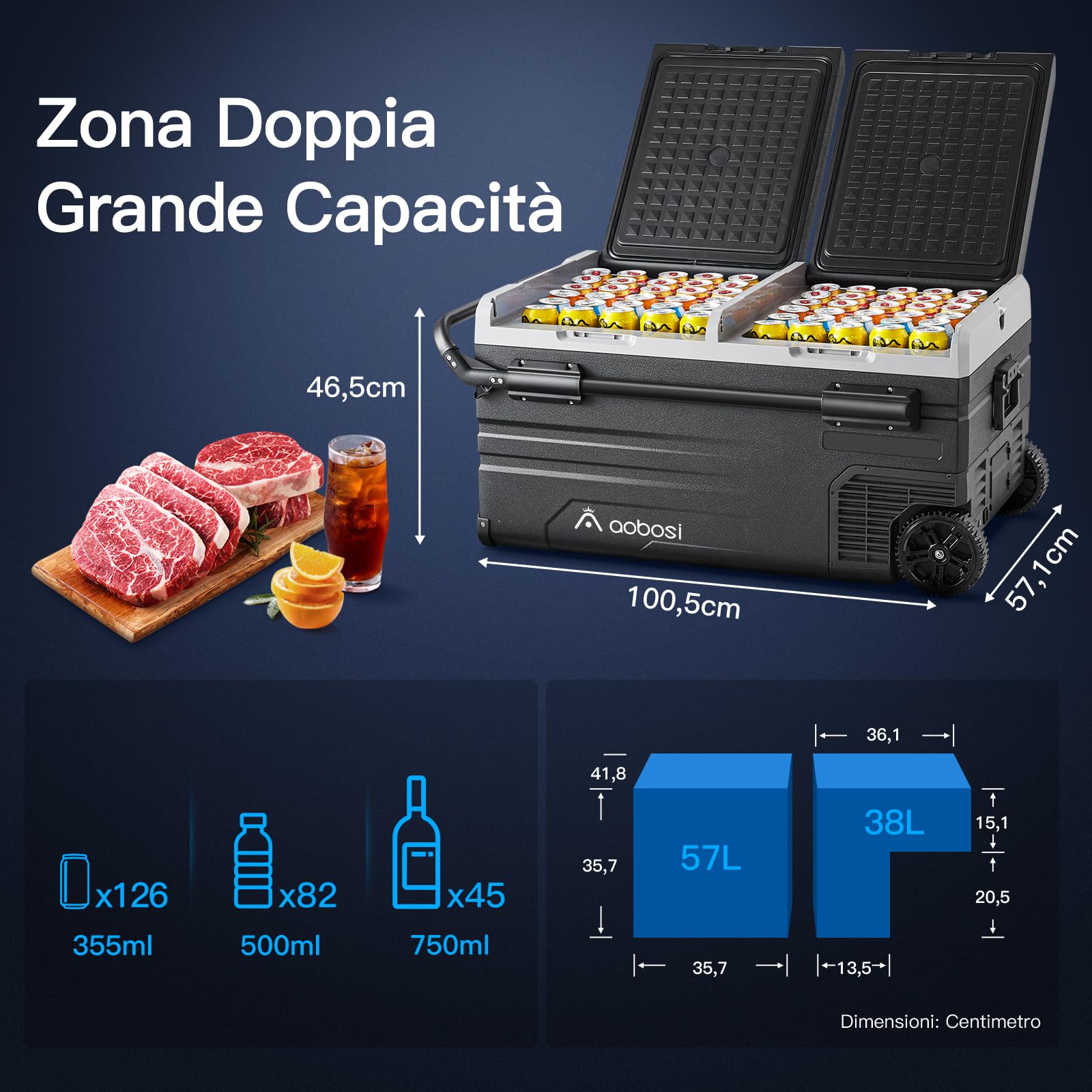 AAOBOSI Compressor Camping Fridge 95L, Car Fridge Dual Zone with 12/24V DC and 100-240V AC, -20°C to 20°C Portable Freezer for Car, Campervan, Lorry, Truck, Boat