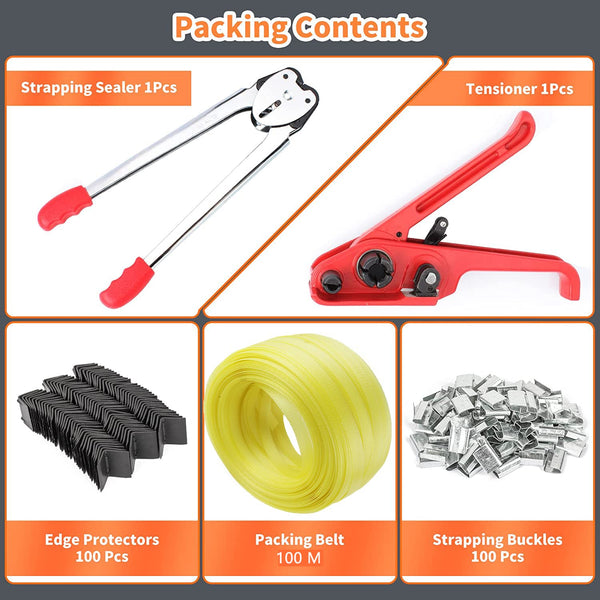 Complete Hand Pallet Packaging Strapping Kit with Tools, 200m PP Band, Metal Seals, and Edge Protectors for Secure Packing