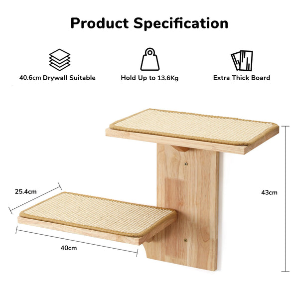 FUKUMARU Cat Wall Shelves, 2 Platform Wall-Mounted Furniture, Tree Shape Floating Shelf With Sisal Mat, Solid Rubber Wood Perch for 16 Inch Drywall,